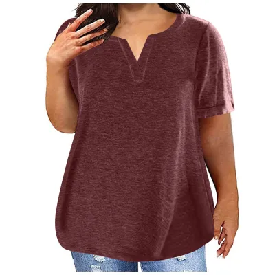 Women Casual Plus Size V-Neck Short Sleeve Pocket T-Shirt in Solid Color