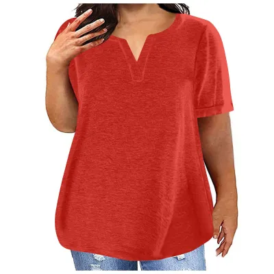 Women Casual Plus Size V-Neck Short Sleeve Pocket T-Shirt in Solid Color