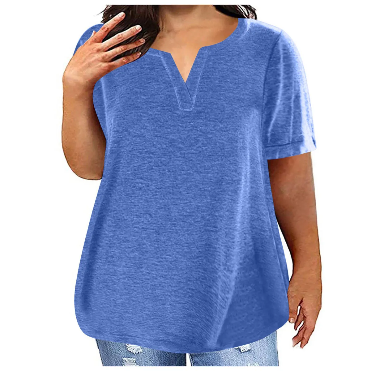 Women Casual Plus Size V-Neck Short Sleeve Pocket T-Shirt in Solid Color
