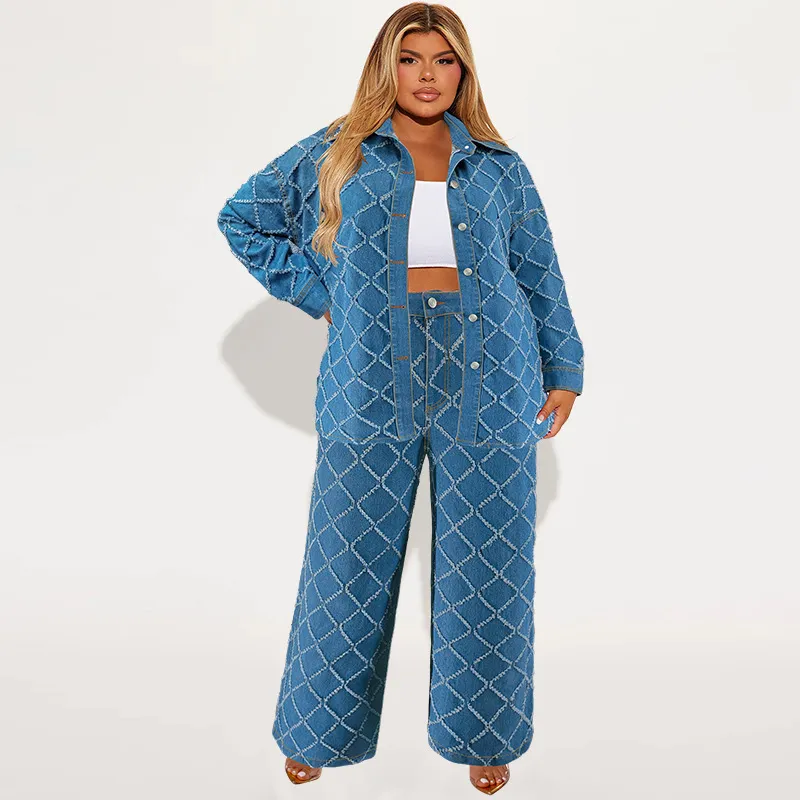 Women Plus Size Denim Rhombus Pattern Lapel Long Sleeve Coat Loose Pants Set