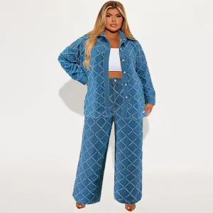 Women Plus Size Denim Rhombus Pattern Lapel Long Sleeve Coat Loose Pants Set
