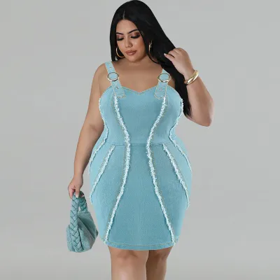 Women Plus Size Sleeveless Buckle Strap Overall Denim A-Line Dress
