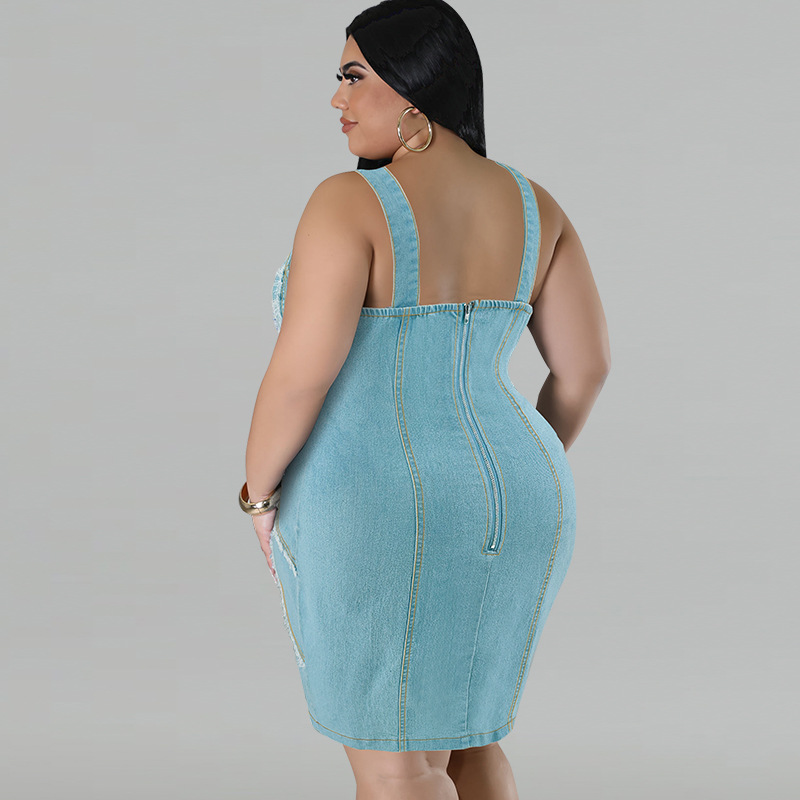white christmas dresses Plus Size Sleeveless Bodycon Ripped Denim Belted Dress