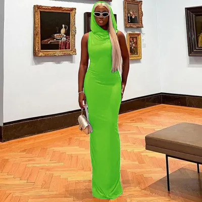 Women Fashion Casual Solid Color Hooded Elastic Sleeveless Slim Maxi Dress