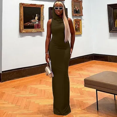 Women Fashion Casual Solid Color Hooded Elastic Sleeveless Slim Maxi Dress