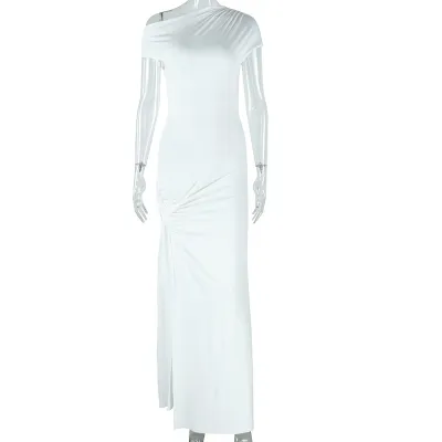 Women Fashion Sexy Irregular Solid Color Slant Shoulder Short Sleeve Split Maxi Dress