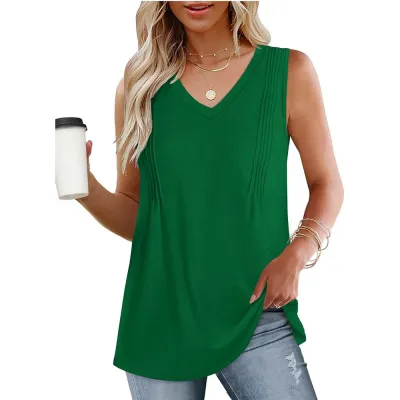 Women Casual Loose Pleated V-Neck Cotton Tank Top