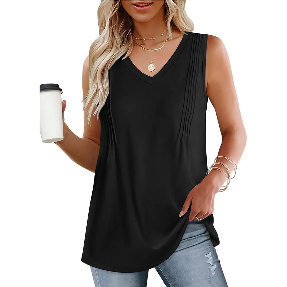 Women Casual Loose Pleated V-Neck Cotton Tank Top