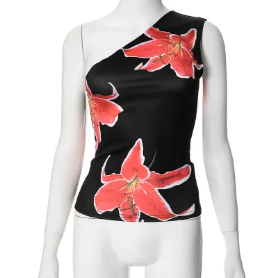 Women Sexy Floral Print Slant Shoulder Tank Top