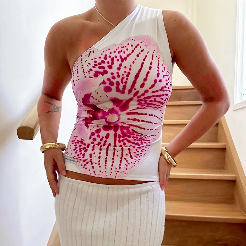 Women Sexy Floral Print Slant Shoulder Tank Top