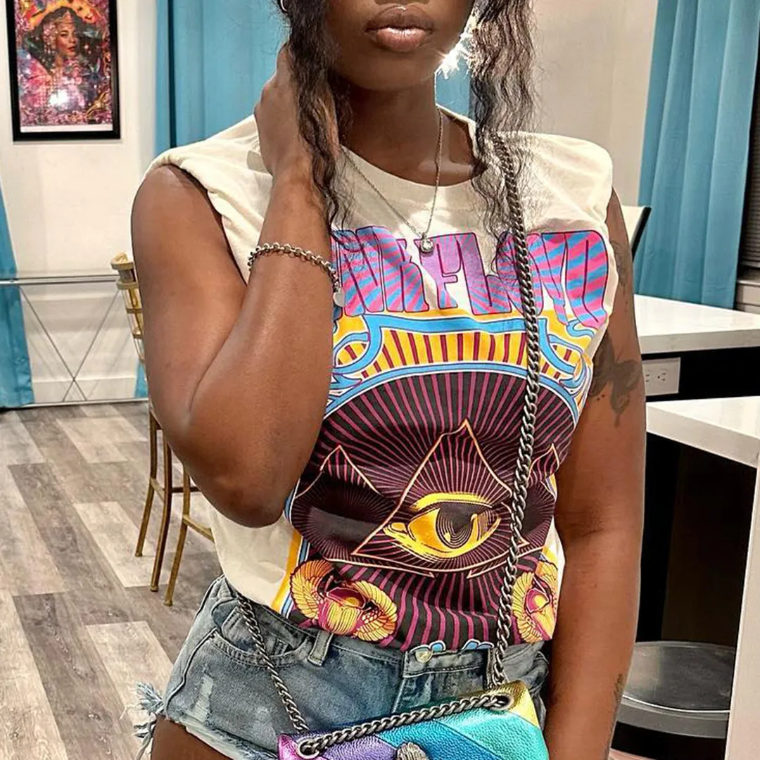 Summer Women Fashion Eyes Print Round Neck Sleeveless T-Shirt