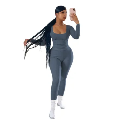 Women's Casual Solid Color Long Sleeve Top and Tight Pants Two-Piece Set