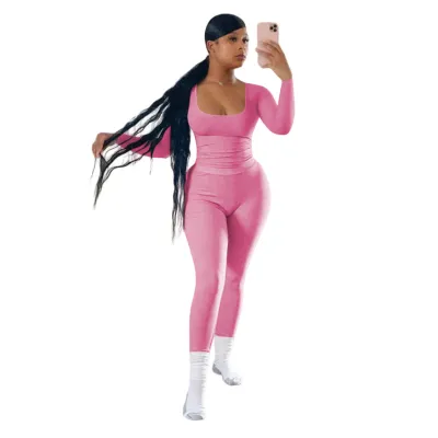 Women's Casual Solid Color Long Sleeve Top and Tight Pants Two-Piece Set