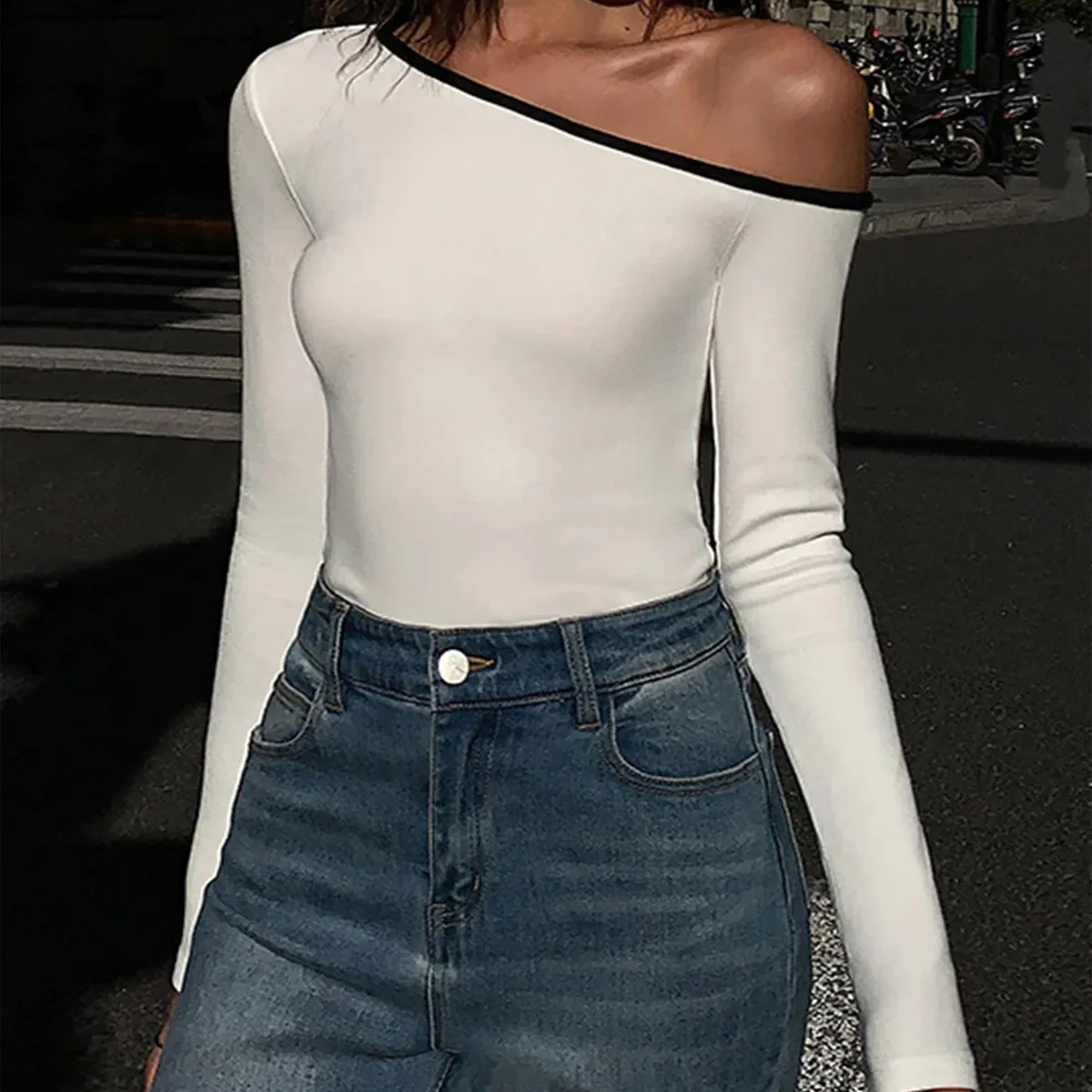Women Fashion Sexy Oblique Shoulder Long Sleeve T-Shirt