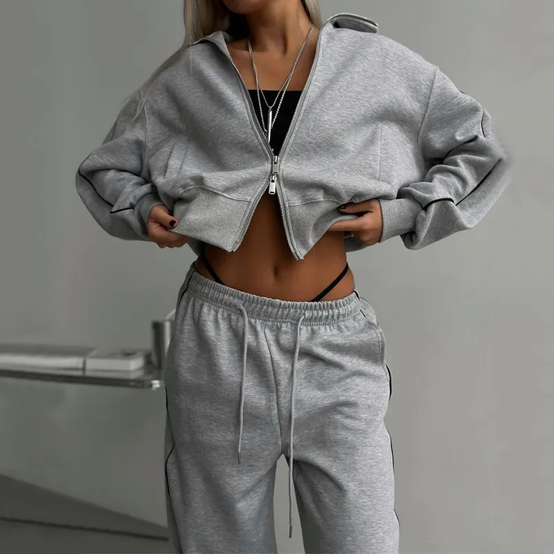 Women Casual Zipper Cardigan Long Sleeve Top Drawstring Pants Two-Piece Set