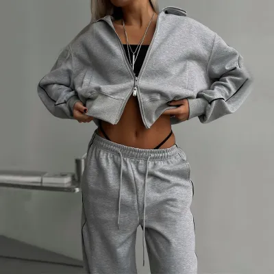 Women Casual Zipper Cardigan Long Sleeve Top Drawstring Pants Two-Piece Set