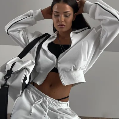 Women Casual Zipper Cardigan Long Sleeve Top Drawstring Pants Two-Piece Set