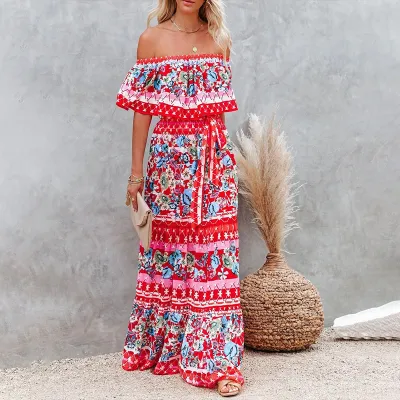 Vestido largo sexy de verano estilo boho con estampado floral y hombros descubiertos para mujer.