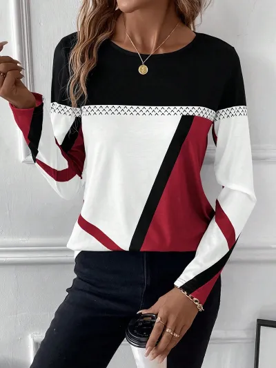 Women Casual Geometric Print Round Neck Long Sleeve T-Shirt