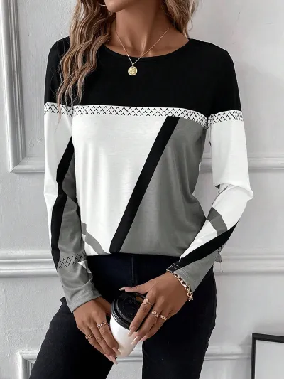 Women Casual Geometric Print Round Neck Long Sleeve T-Shirt