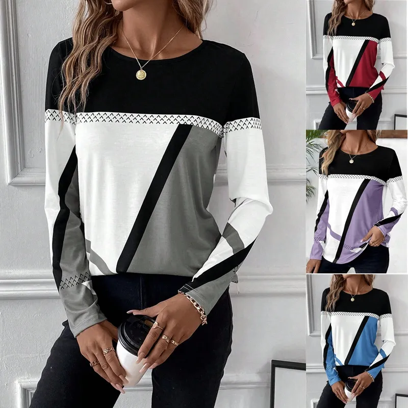 Women Casual Geometric Print Round Neck Long Sleeve T-Shirt