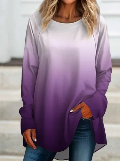 Women Casual Street Hipster Gradient Digital Printing Long Sleeve T-Shirt