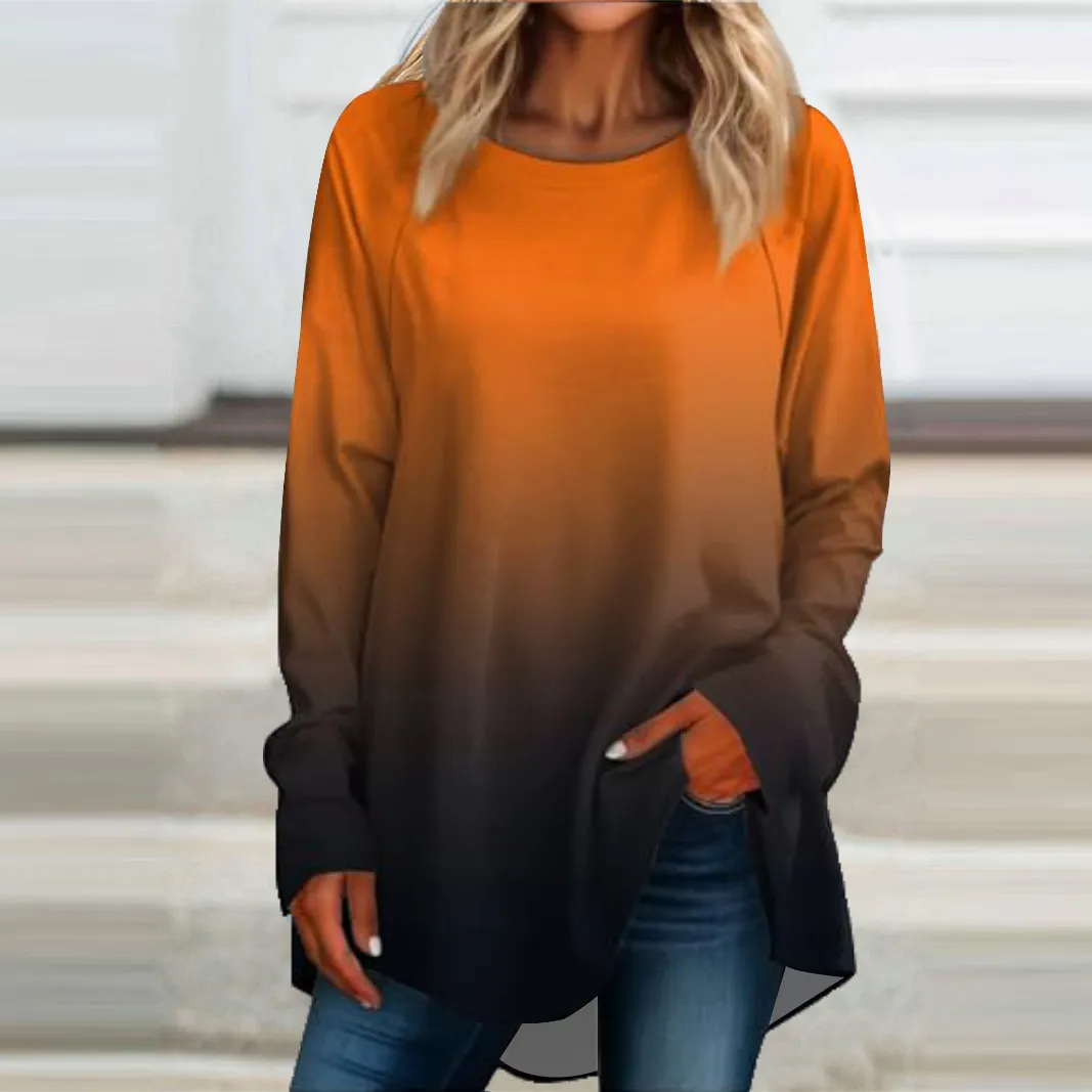 Women Casual Street Hipster Gradient Digital Printing Long Sleeve T-Shirt