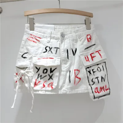 Women's Hand-Painted Alphabet Graffiti Cargo Denim Skirt