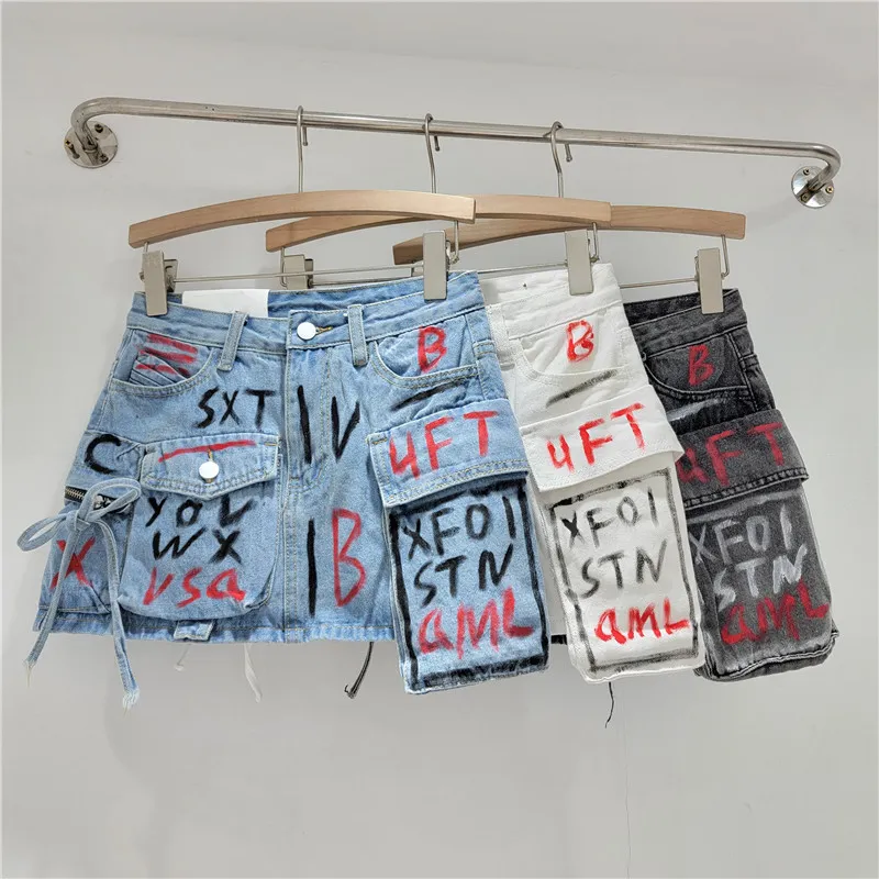 Women's Hand-Painted Alphabet Graffiti Cargo Denim Skirt