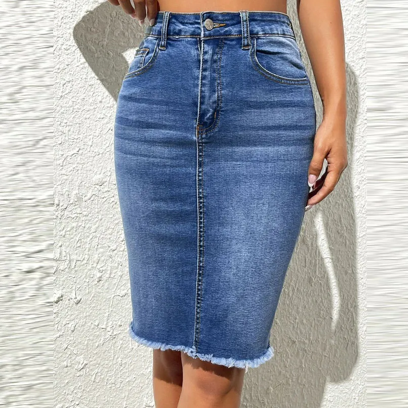 Women Slim Stretch High Waist Wrap Hip Denim Skirt