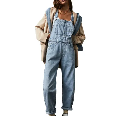 Women Casual Loose Denim Suspenders Pants
