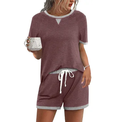Summer Women Casual Round Neck Short-Sleeved T-Shirt Drawstring Shorts Two-Piece Set