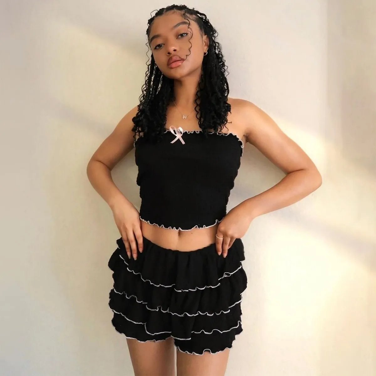 Summer Women Fashion Sexy Strapless Lace Top Shorts Two-Piece Set