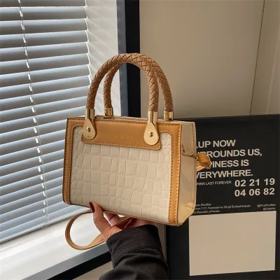Women Fashion Stone Pattern Color Block Woven Square Handle Shoulder Bag