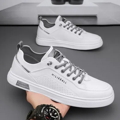Men's Casual Lace-Up Sneakers with Synthetic Leather and Rubber Sole
