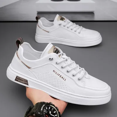 Men's Casual Lace-Up Sneakers with Synthetic Leather and Rubber Sole