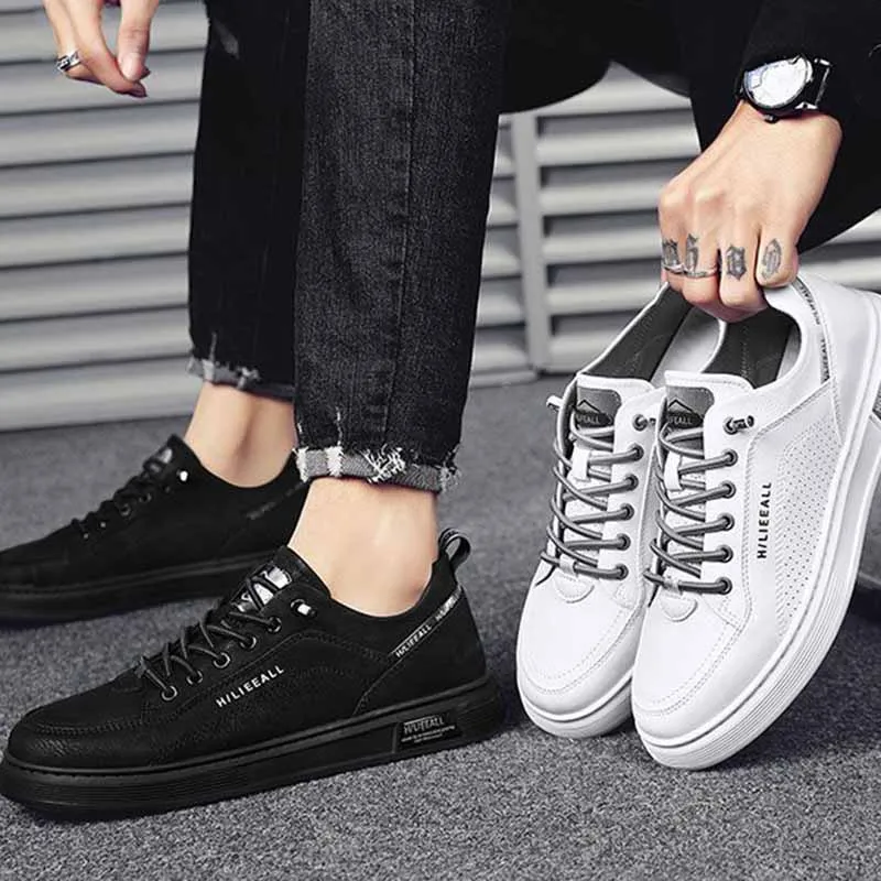 Men's Casual Lace-Up Sneakers with Synthetic Leather and Rubber Sole