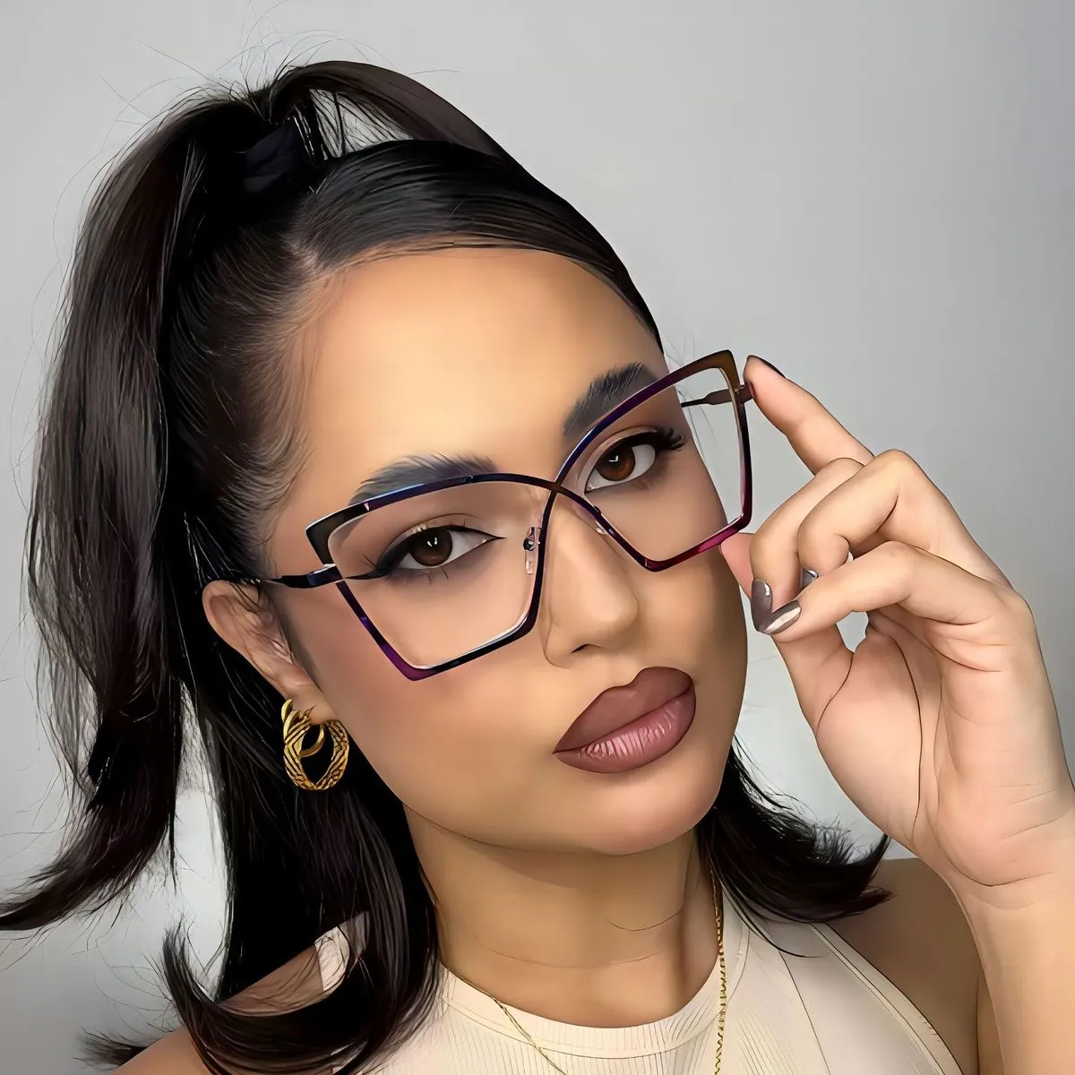 Women Fashion Personalized Large Frame Metal Anti-Blue Glasses
