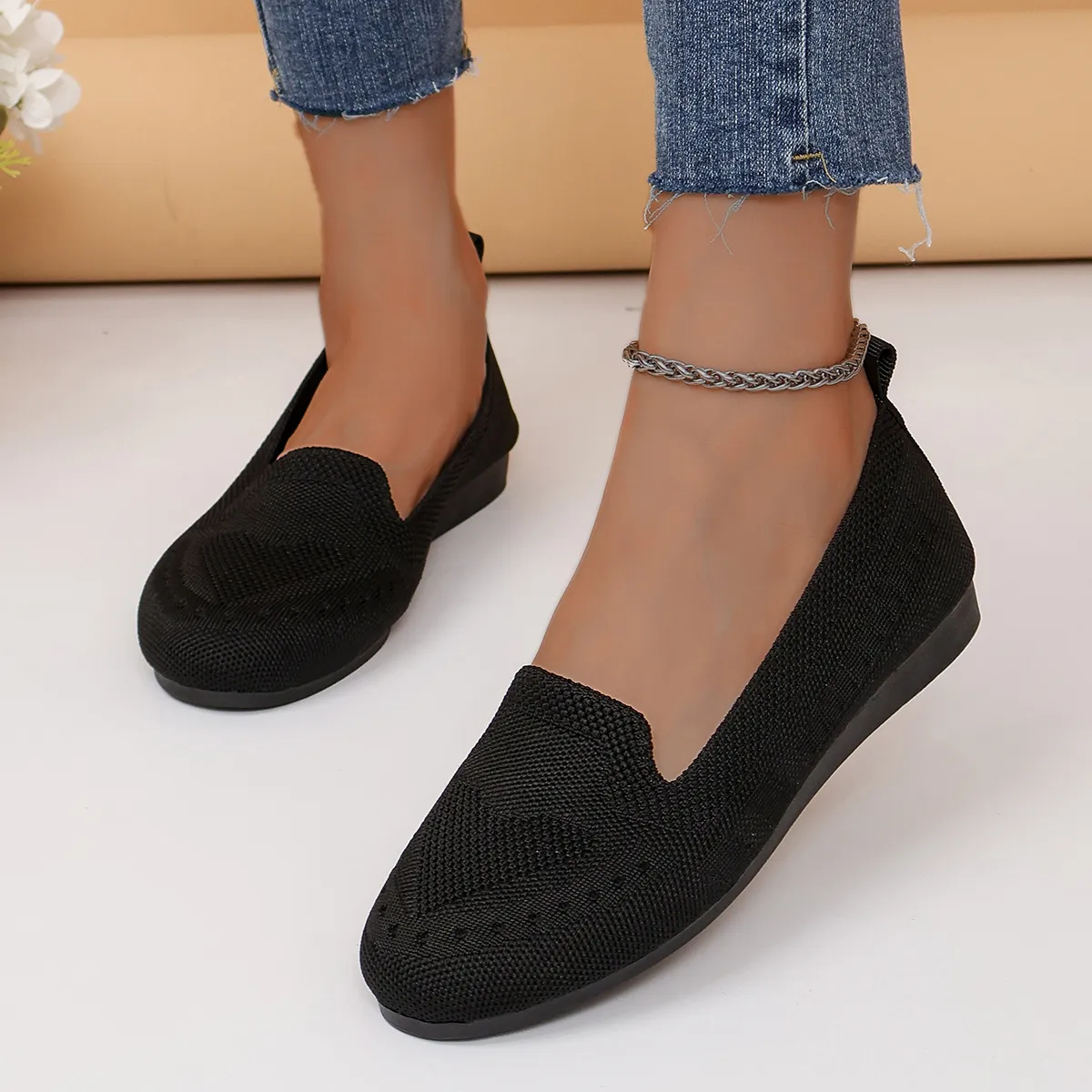 Women Casual Knitted Flat Slip On Loafers Shoes