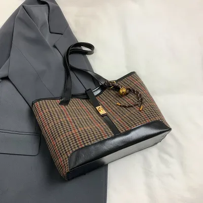 Women Fashion Casual Splicing Large Capacity Pendant Woolen Tote Bag