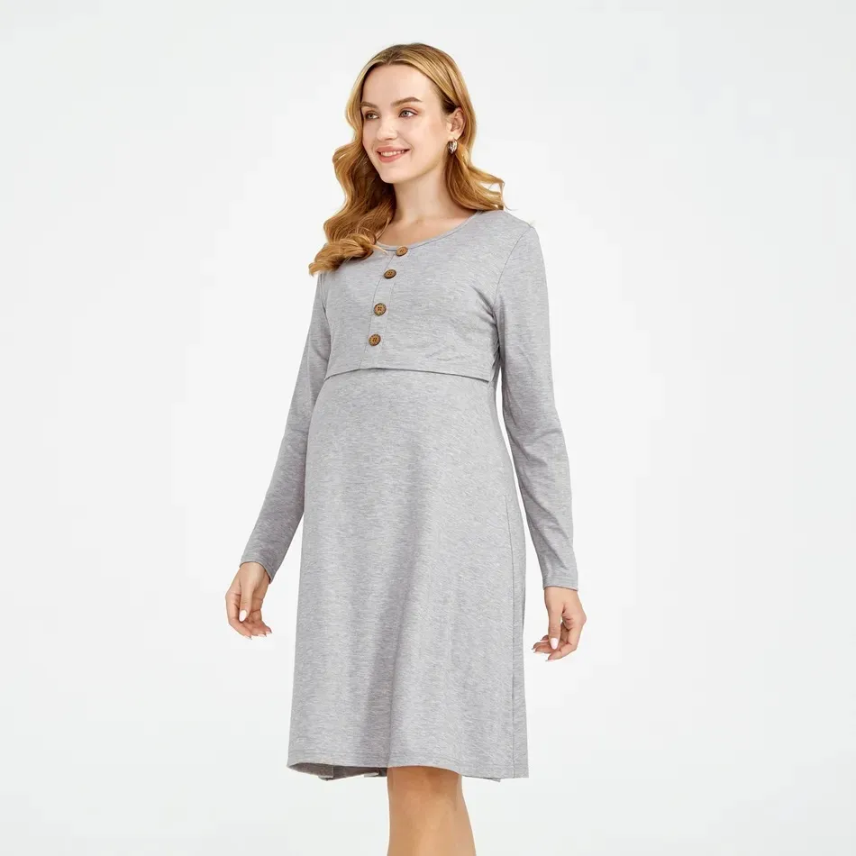 Pregnant Women Casual Solid Color Round Neck Long Sleeve Breastfeeding Maternity Dress