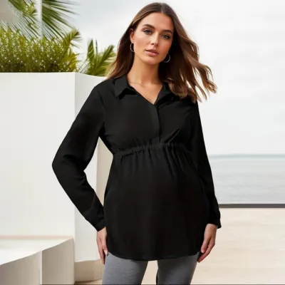 Pregnant Women Casual Solid Color V-Neck Long Sleeve Lace-Up Top
