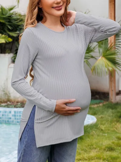 Pregnant Women Casual Solid Color Round Neck Long Sleeve Split Hem T-Shirt