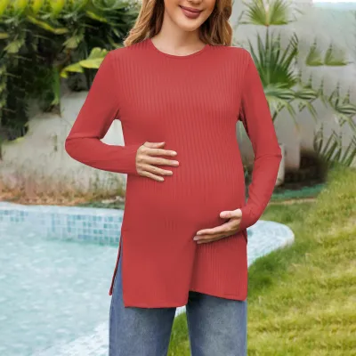 Pregnant Women Casual Solid Color Round Neck Long Sleeve Split Hem T-Shirt
