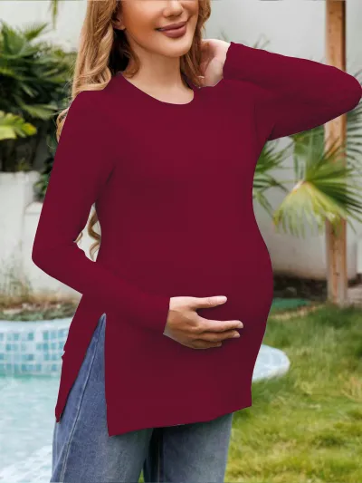 Pregnant Women Casual Solid Color Round Neck Long Sleeve Split Hem T-Shirt