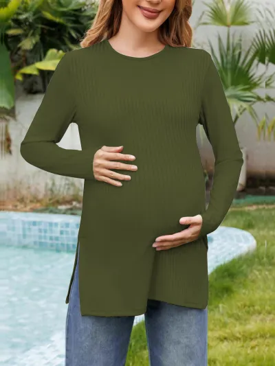 Pregnant Women Casual Solid Color Round Neck Long Sleeve Split Hem T-Shirt
