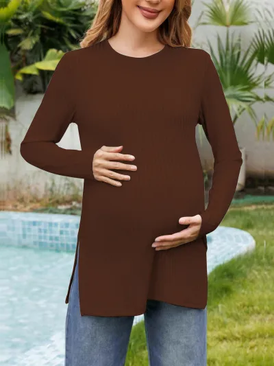Pregnant Women Casual Solid Color Round Neck Long Sleeve Split Hem T-Shirt