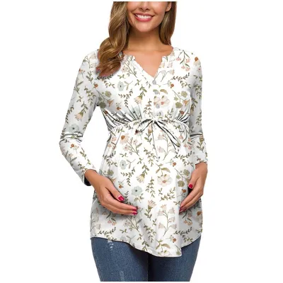 Pregnant Women Floral Printed V-Neck Long Sleeve Lace-Up Breastfeeding Top