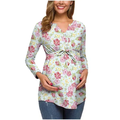 Pregnant Women Floral Printed V-Neck Long Sleeve Lace-Up Breastfeeding Top