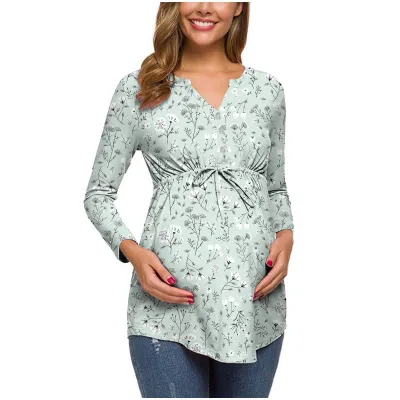 Pregnant Women Floral Printed V-Neck Long Sleeve Lace-Up Breastfeeding Top